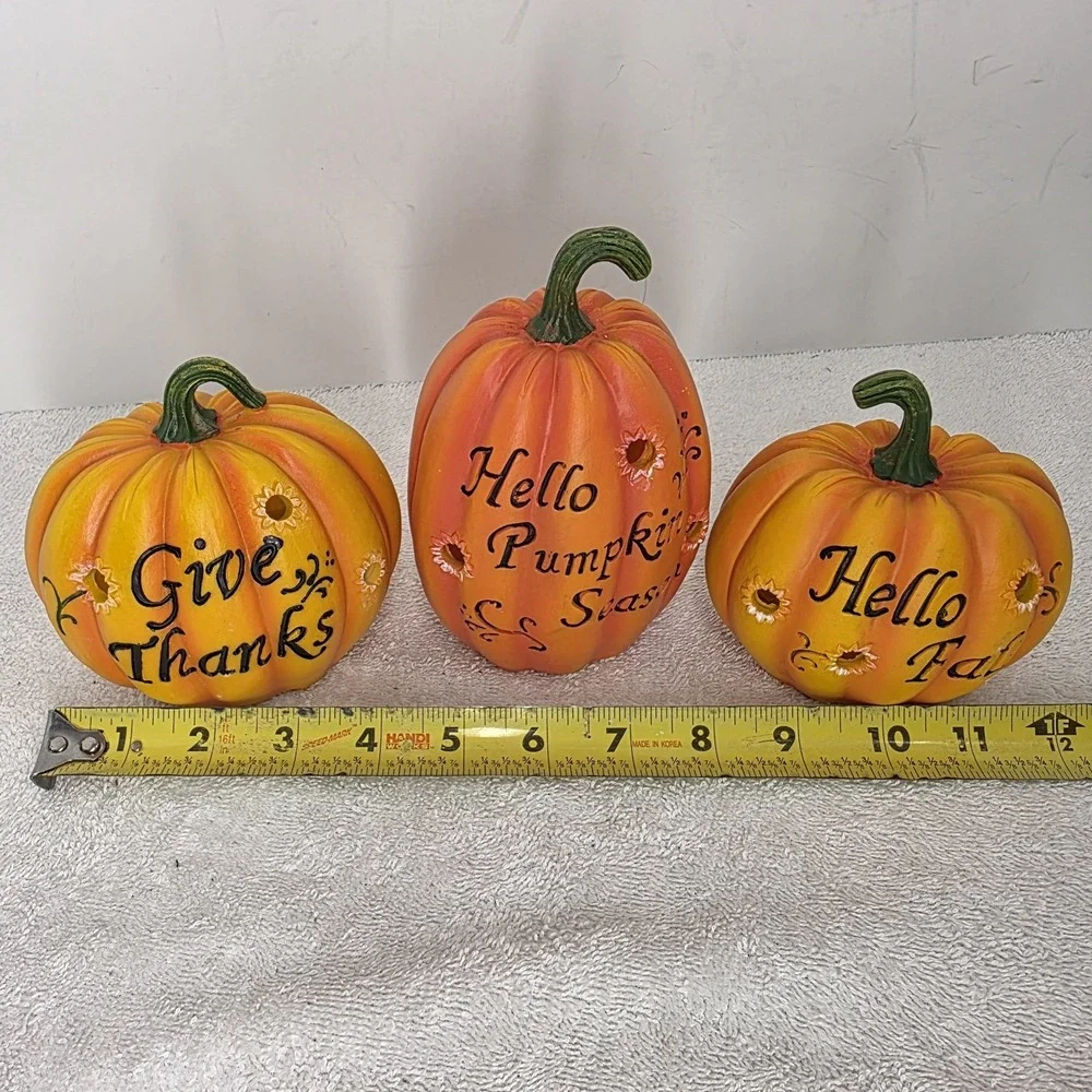Set Of 3 Light Up Battery Orange Pumpkins Welcome Hello Fall Season Give Thanks